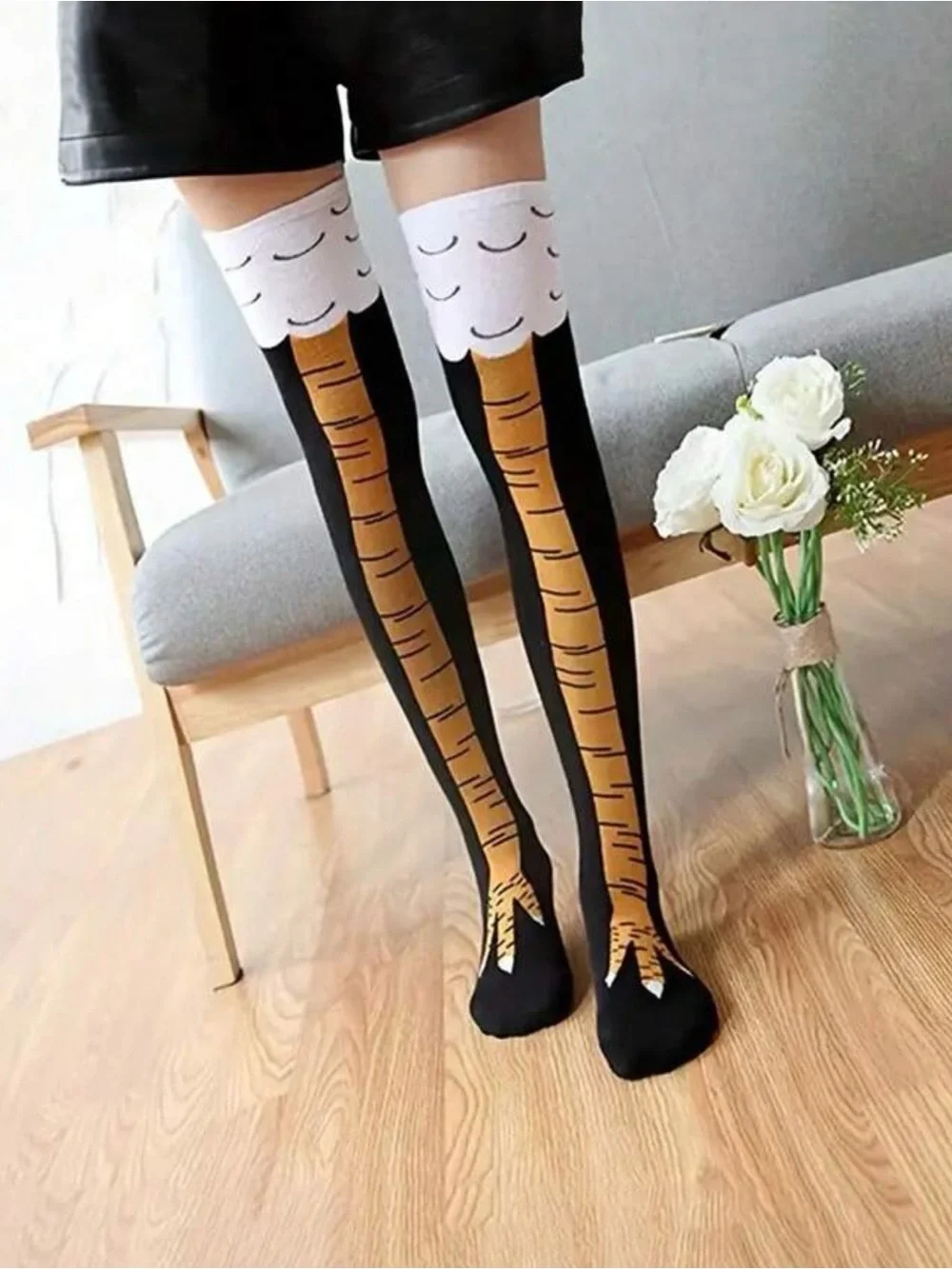Kids Novelty Black & Yellow Bird Leg Knee-High Socks